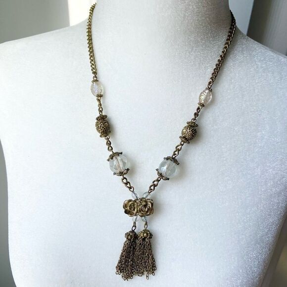 Rose, tassel, and beaded gold tone necklace - Picture 1 of 8